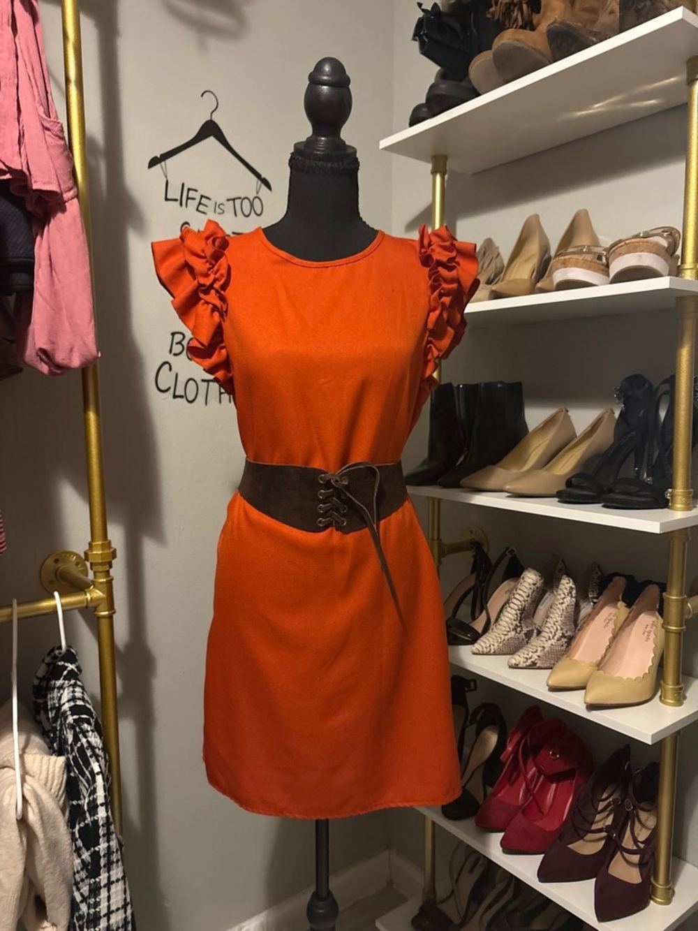 SHEIN Orange Ruffle Sleeve Mini Dress with Cinch Waist